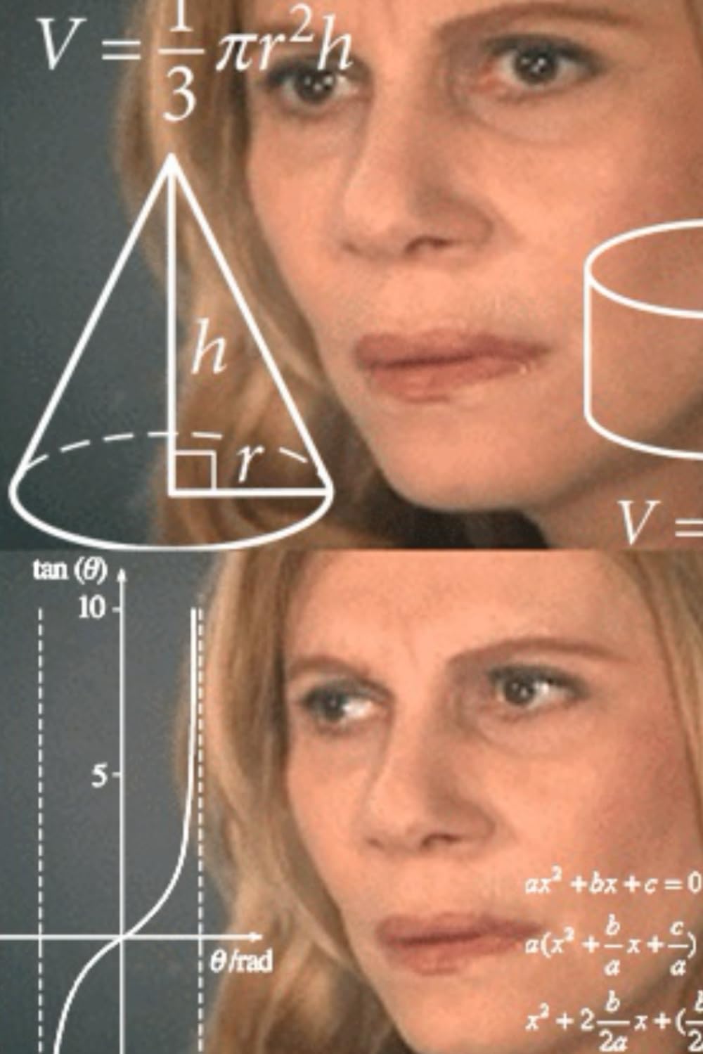 Confused math lady meme — calculating the options