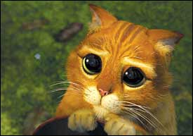 Puss in Boots looking at you with big pleading eyes